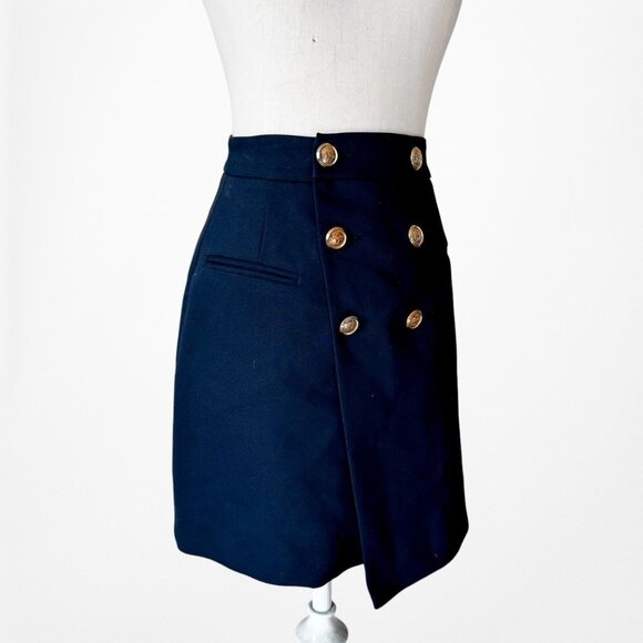 Zara High Waisted Navy Blue Button Front A-Line Wrap Mini Skirt Size XS/S - Picture 5 of 7